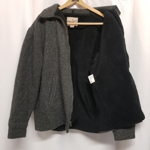 Vintage 80s Retro Woolrich Gray Wool Blend Black Faux Fur Car Stadium Coat Lg - Picture 5 of 8